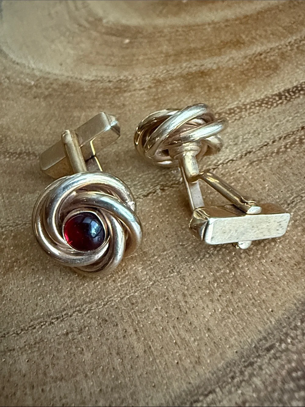 VTG Swank Gold Tone Love Knot Cufflinks Red Glass Cabochon Retro 1940s